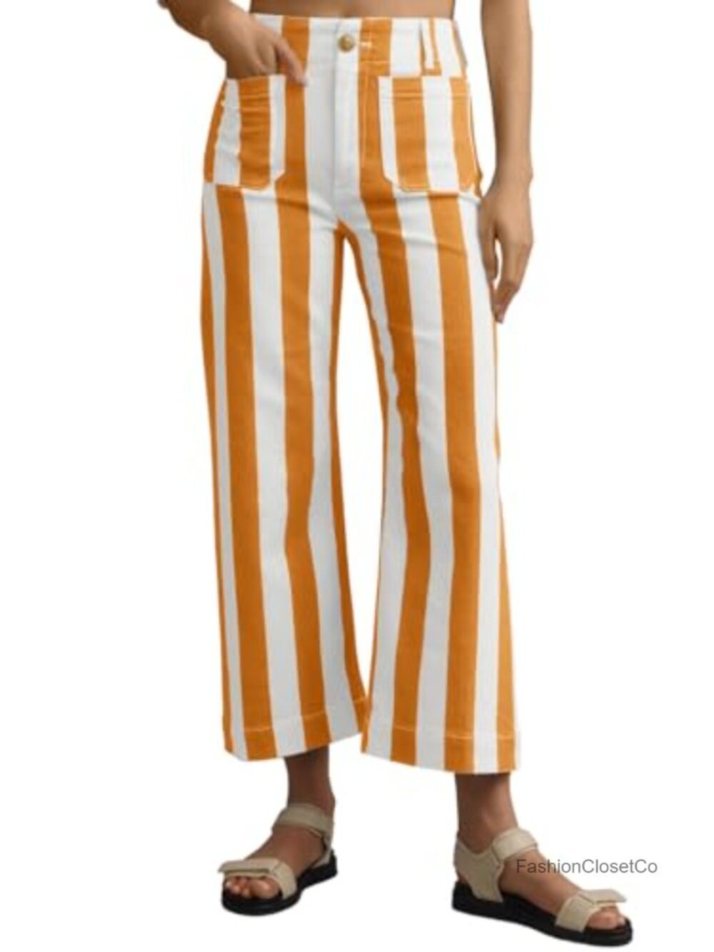 Women's High Waisted Wide Leg Striped Jeans Cropped Denim Pants